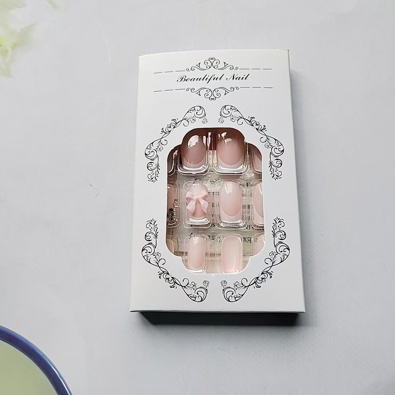 24Pcs White French Tip Press-On Nails - Medium Coffin Design with Bow Charms & Rhinestones | Pink Acrylic Full Cover