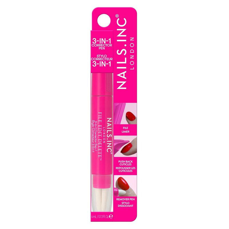 Nails Inc 3-in-1 Nail Corrector Pen - Precision Tip Cuticle Pusher & Polish Remover | Easy Cleanup, 0.13 FL