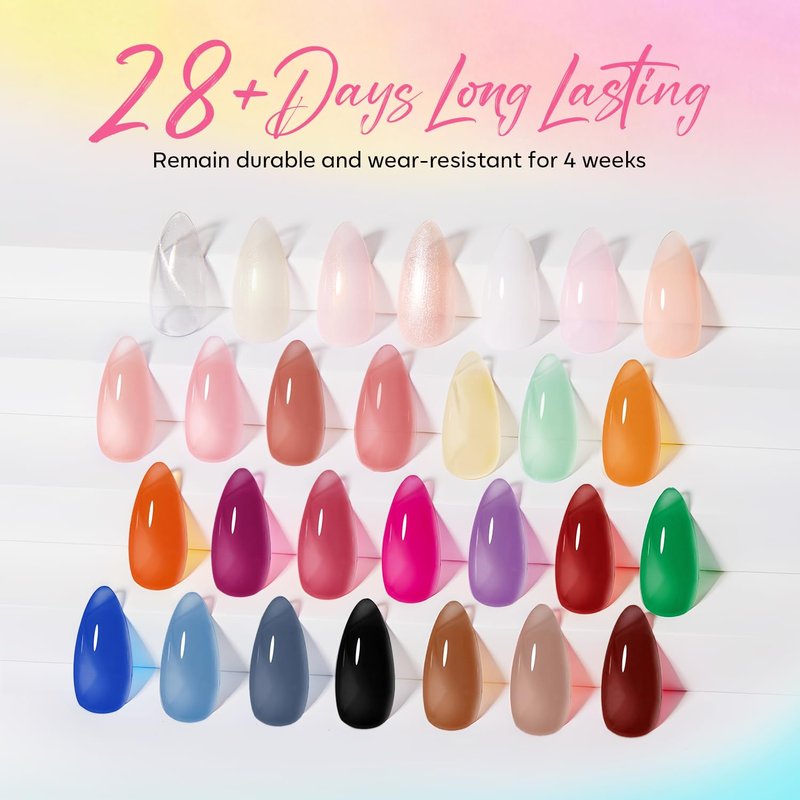 32 PCS Gel Nail Polish Set - 28 Colors Jelly Nude Polish with No Wipe Base Coat & Top Coats | Translucent Pink, White, Brown