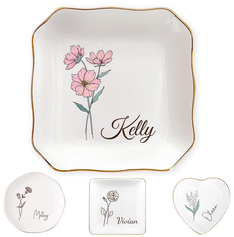 KeenlyMade Custom Ceramic Ring Dish, Personalized Jewelry Tray with Name Birthday Flower, Earrings Necklaces Bracelet Watch Keys Trinket Holder, Mothers Day Bridesmaid Bestie Gift for Women