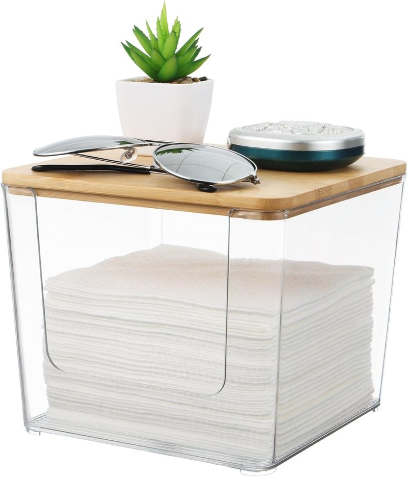 Rainmae Acrylic Face Towel Holder - XL Tissue Storage Box with Bamboo Lid for Bathroom Vanity