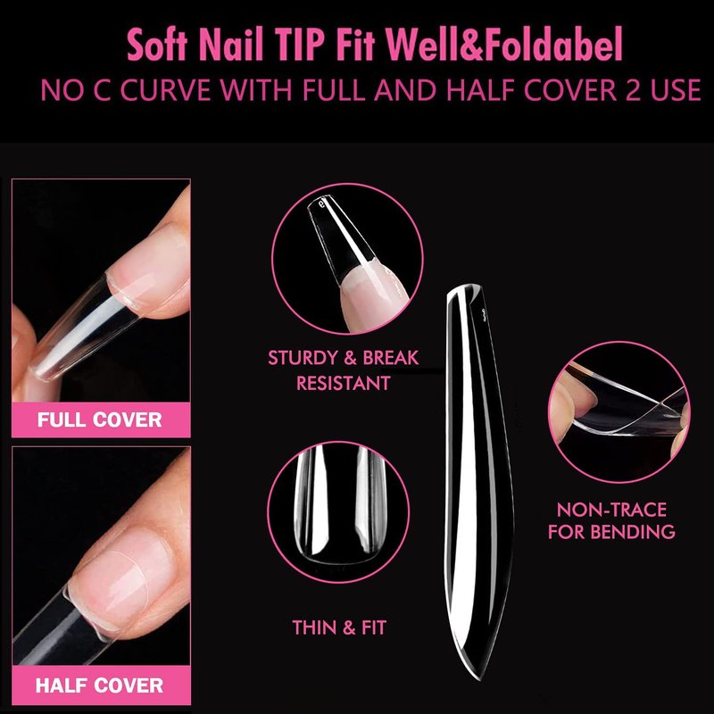Long Coffin Nail Tips - 504pcs Clear Gel Nail Extensions | Pre-shaped Full Cover Acrylic Press-On Nails in 12 Sizes