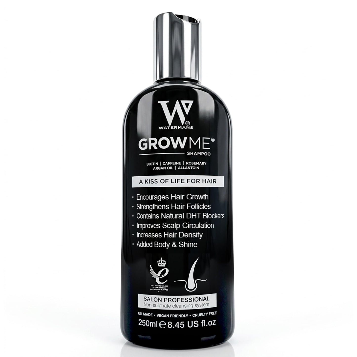 Watermans Grow Me Organic Hair Growth Shampoo for Men & Women – Strengthening & Moisturizing with Biotin, Rosemary, Caffeine & Argan Oil for Fuller, Thicker-Looking Hair (8.45 fl oz)