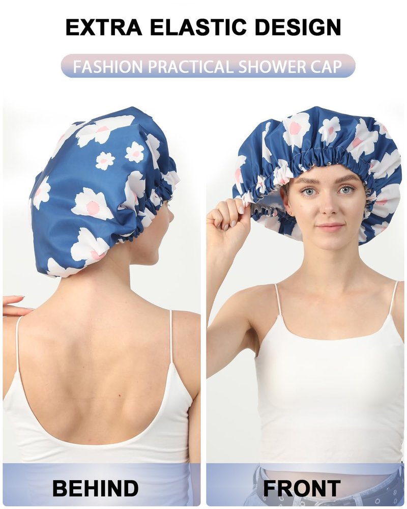 YIZIJIZI Shower Cap - Two Layer Waterproof Large Shower Cap for Women, Reusable Shower Caps for Long Thick Hair, Adjustable for Double Layer Adjustable Soft Bath Shower Caps (Blue)