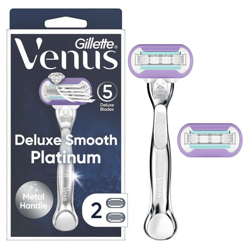 Gillette Venus Deluxe Smooth Platinum Razors - Women's Razor with Metal Handle & Anti-Slip Grip | 1 Razor & 2 Blade Refills