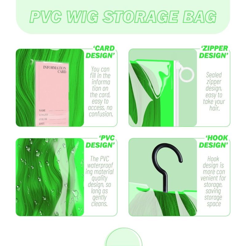 Portable Wig Organizer - 3PCS PVC Wig Bags with Hook, Dust-proof, Waterproof, Multiple Wigs Holder, Stand, Hanger (Fluorescent Green)