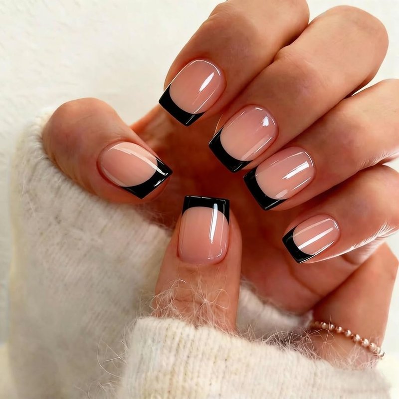 KXAMELIE Press On Nails Short - Square French Tip Press On Nails with Glue, Natural Nude Fake Nails in 15 Sizes - 30 Soft Gel Glue on Nails Kit for Women, Supremely Fit, Elegant Black French