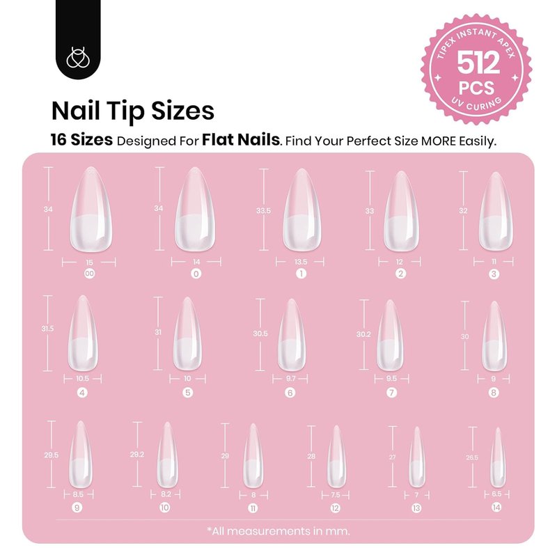 Beetles Nail Tips - Long Stiletto Apex Tips, 512pcs, No Builder Gel Required | 16 Sizes (00–14)