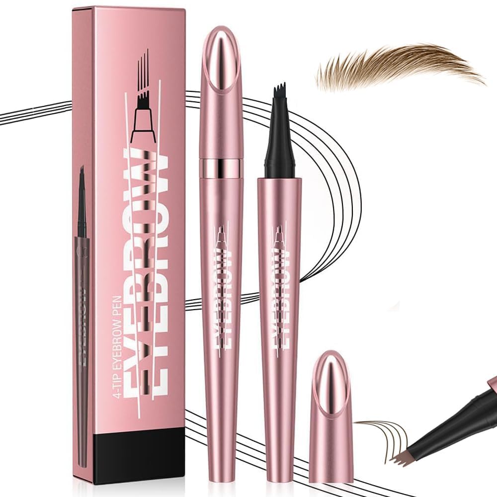 Waterproof Eyebrow Pen, 3D Microblading Eyebrow Pencil, Waterproof Eye Brow Pen with 4 Tip, Long-Lasting Smudge-Proof & Natural Eyebrow Definer for All-Day Wear (Light Brown)
