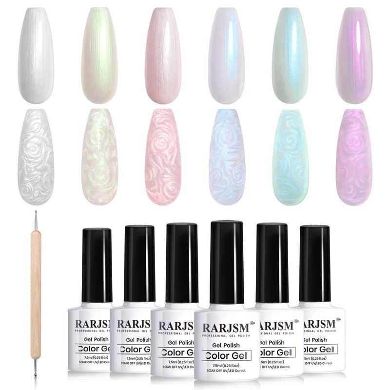 Pearl Gel Nail Polish Set - 6 Pearlescent Colors with Glitter | Soak Off Mermaid Nail Gel for DIY Manicure
