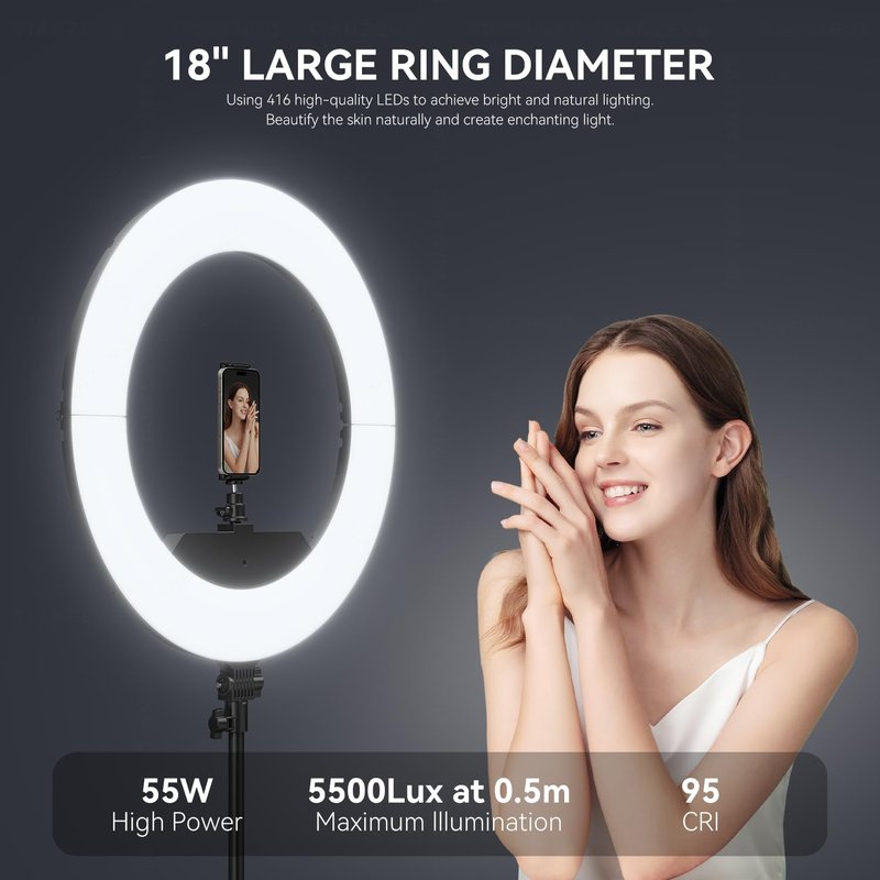 18 Inch Ring Light Kit, 55W6700k Dimmable LED Light, Tripod Stand, Remote Controller,Box,CRI95,Black