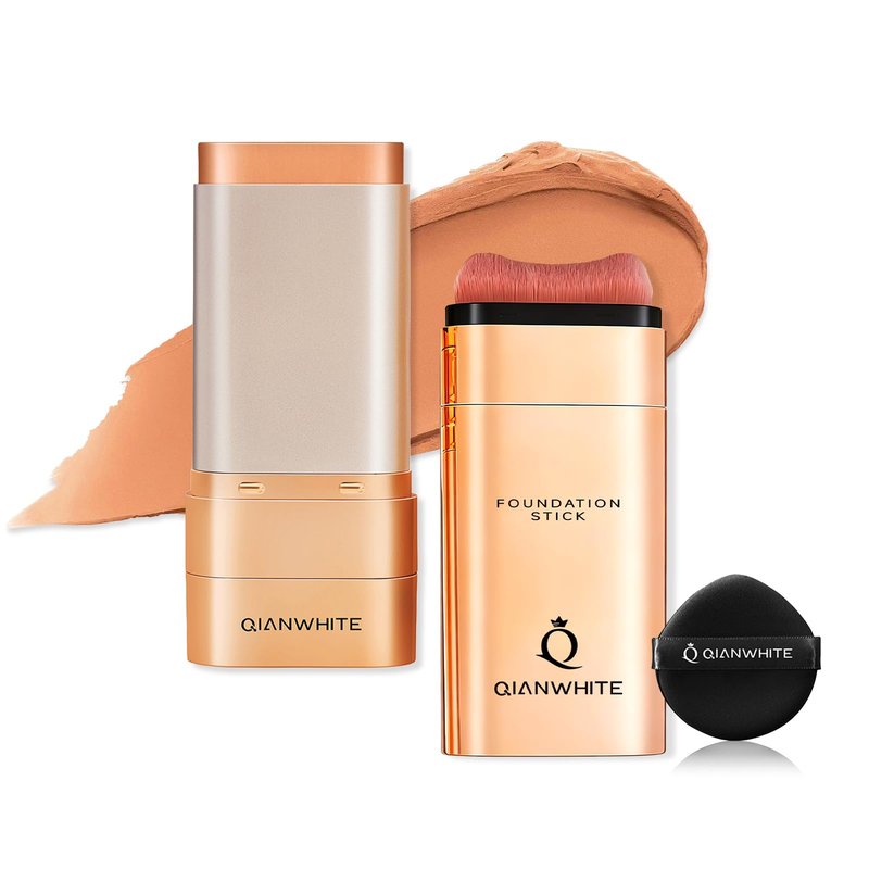 QIANWHITE Korean Foundation Stick Foundation for Mature Skin Tint, Buildable Light to Medium Coverage Foundation Makeup Concealer, Dual-Ended with Brush for All Skin -Natural Dewy Finish (BROWN)