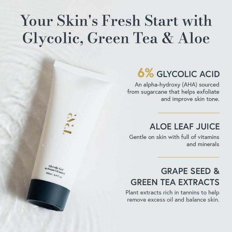 Glycolic Acid Gel To Foam Face Cleanser (100ml/3.4oz) | Foaming & Exfoliating Face Wash| Natural, Plant-Based & Science-First Face Wash for Men & Women | With Green Tea & Aloe Leaf Extracts