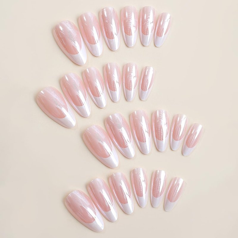KQueenest French Tip Press-On Nails - Medium Almond Shape | Natural Nude Color, 24 Pcs for Everyday & Weddings