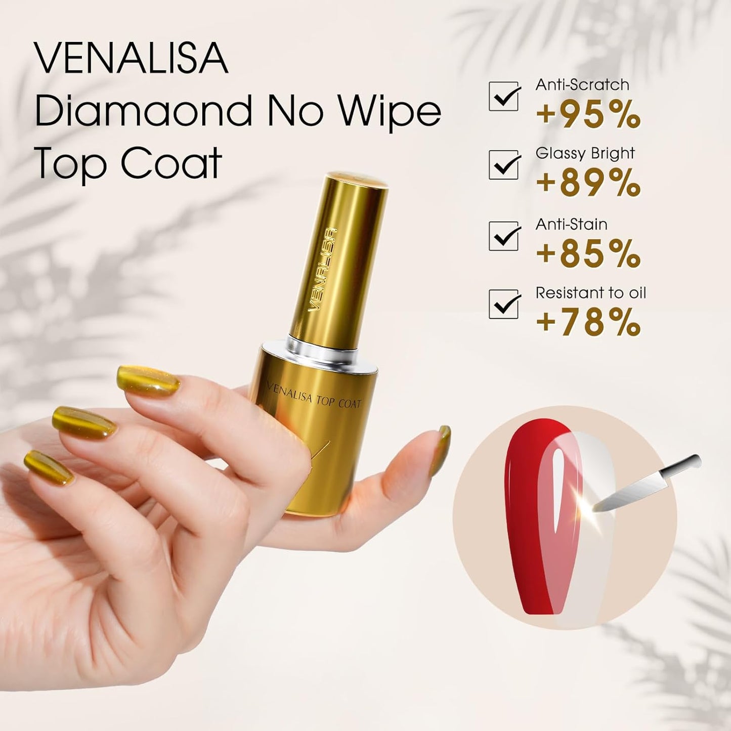 VENALISA No Wipe Gel Top Coat - Clear Finish for Long-Lasting Salon Quality Nails | 10ML