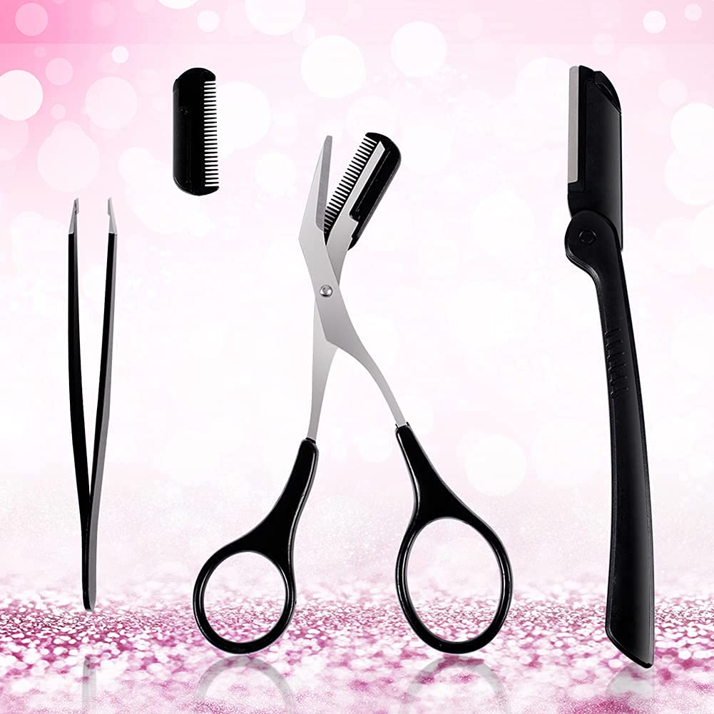 XUJINCN 3-in-1 Eyebrow Scissors Kit，for Personal Facial Hair Removal,Multifunctional Ms. Exfoliating Beauty Tool，Including；Eyebrow Comb Scissors, Hair Removal Tweezers,Eyebrow Razor（Black