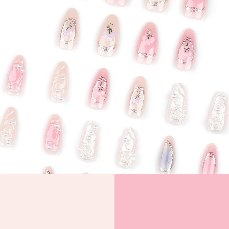 3D Flower Press On Nails Almond Shape – Medium Length Glossy Nude Pink Fake Nails with Pearls & Gold Details, Acrylic Reusable Stick On Nails for Women, Elegant Floral False Nails for Wedding Party