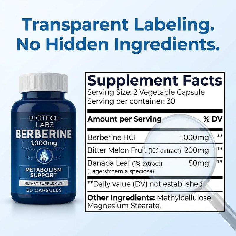 Biotech Labs Berberine 1000 mg with Bitter Melon and Banaba Leaf – Herbal Supplement, 60 Capsules
