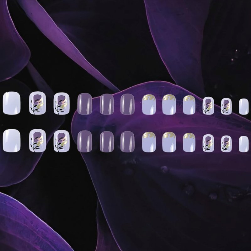 HZJXRT Acrylic Fake Nails - Short Square Black Leaf Design | 24 Pcs Glossy Gold Foil Press-On Nails for Women