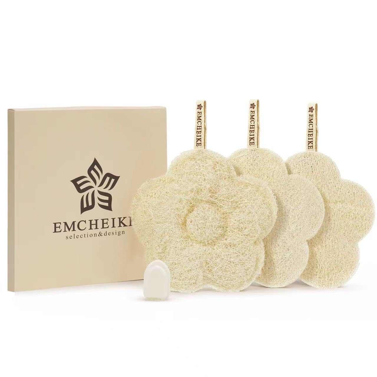 EMCHEIKE Natural Loofah Exfoliating Body Scrubber with Adhesive Hook Natural Egyptian Shower Loofah Sponge Thin and Soft Travel Loofah Sponge for Women & Men (3 Packs)