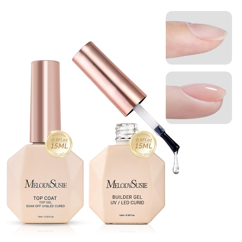 MelodySusie 2PCS 15ML Clear Builder Nail Base Gel & Top Coat Set, Shine Finish and Long Lasting, for Nails Thickening Apex Building, UV Extension Gel for Nail Art Design Salon DIY Manicure at Home