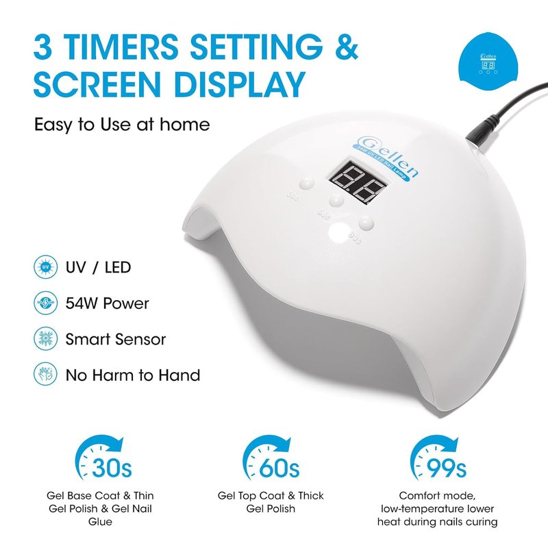 Gellen 54W UV Nail Lamp - Auto Sensor with LCD Display & 3 Timers | Fast Curing Gel Polish Dryer, White