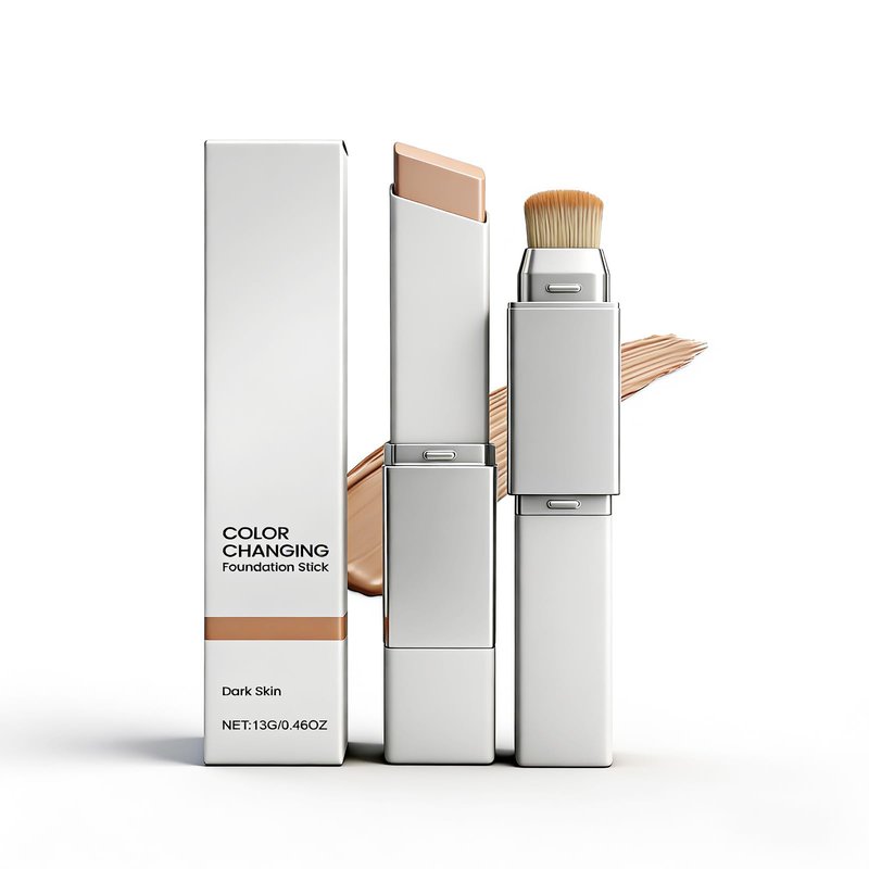 Color Changing Foundation Stick, 2-in-1 White Foundation Stick, Matte Finish Dual-Ended Foundation Makeup Stick with Brush, Long Lasting, Waterproof, Oil-control(Dark skin)