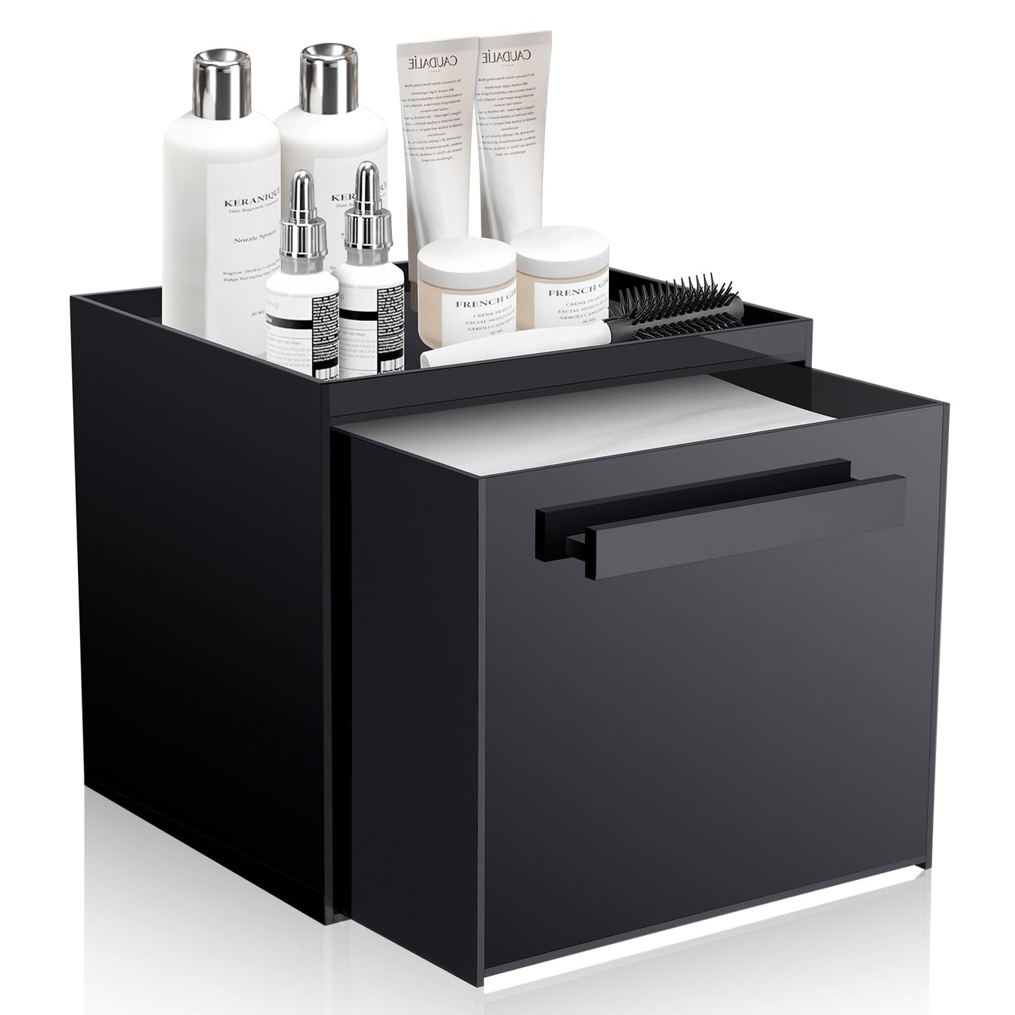 TAINESS Disposable Face Towel Storage Box Compatible with Clean Skin Club Clean Towel XL Acrylic Cosmetic Organizer Container Box Facial Towels Holder with Drawer Wall-Mounted (Glossy Black)