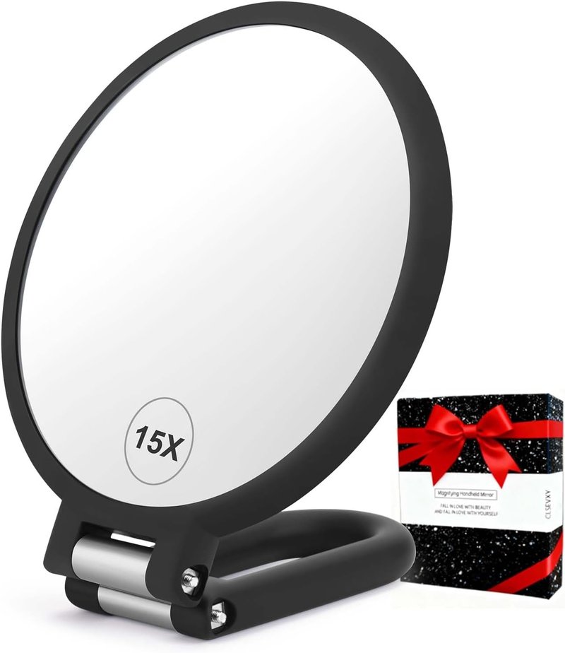 CLSEVXY Double-Sided Handheld Magnifying Mirror - 1X & 15X Magnification | Travel-Friendly & 360° Rotating Design