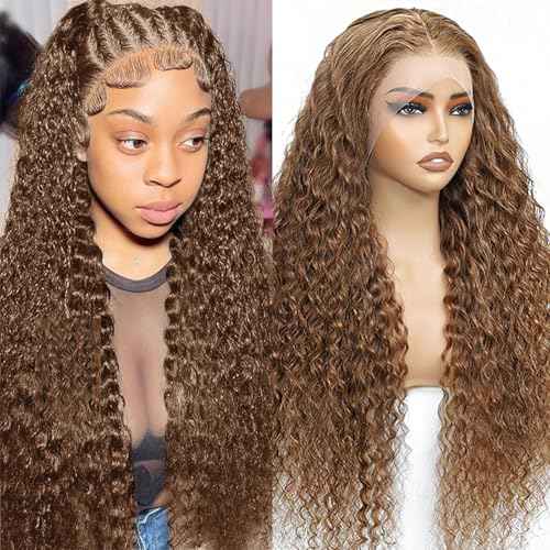 13x6 Chocolate Brown Deep Wave Lace Front Wig Human Hair Wig for Women 180% Density HD Deep Curly Lace Frontal Wigs Human Hair Pre Plucked with Baby Hair (Chocolate Brown, 24 Inch)