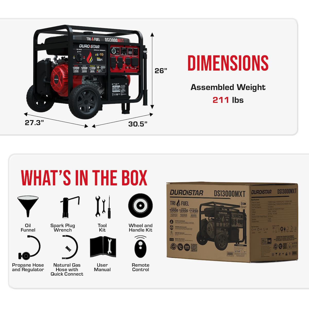 DuroStar DS13000MXT 13,000-Watt 500cc Tri Fuel Portable Generator - Gas, Propane & Natural Gas, Remote Electric Start, Whole Home Power Backup, Transfer Switch Ready, RV & Emergency Ready