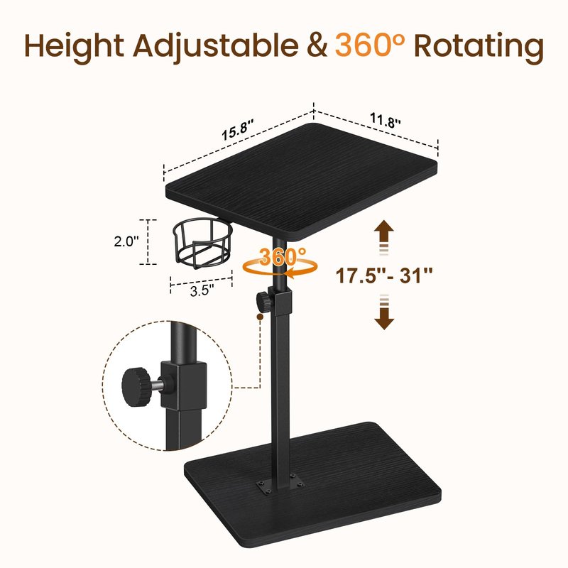 Giikin Side Table, 360 Swivel & Height Adjustable TV Trays for Eating on Couch, Sofa Armrest TV Tray Table with Cup Holder for Small Spaces, C-Shaped, Black, 11.8" D x 15.8" W x 31" H