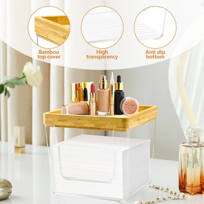 GRETJOB Acrylic Face Towel Holder Box - XL Storage Container with Bamboo Lid for Bathroom & Vanity