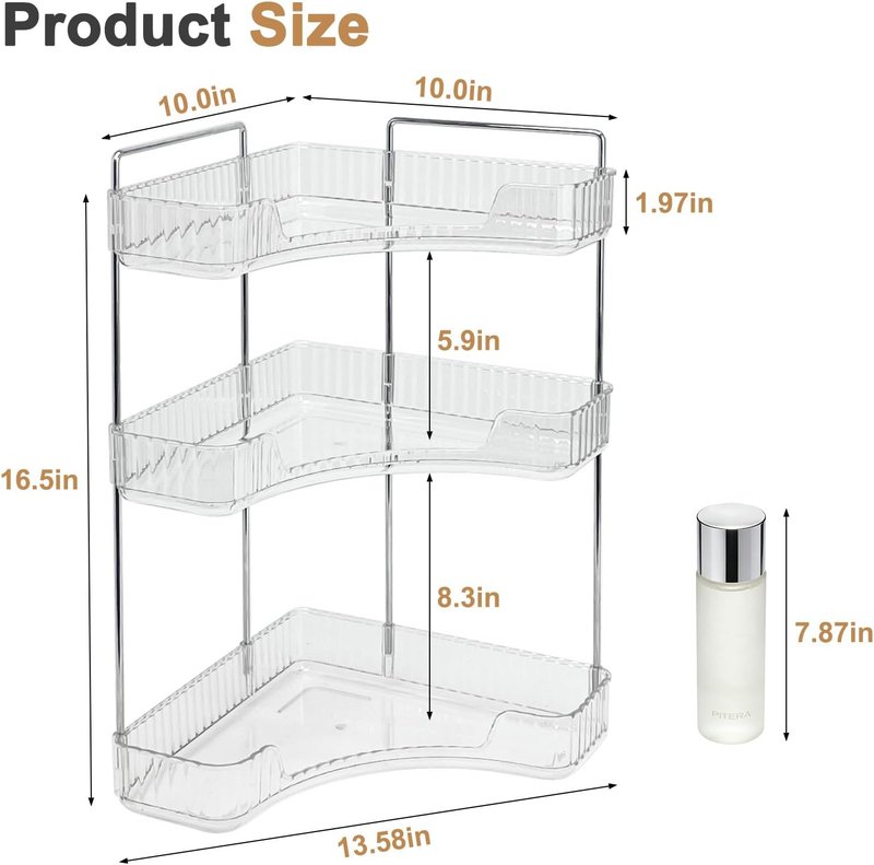 Corner Bathroom Counter Organizer - 3-Tier Clear Vanity Shelf for Makeup & Spice Storage