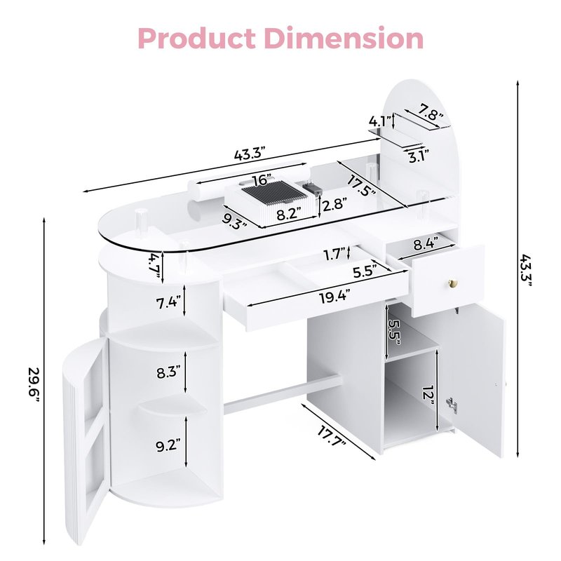 HolaiNail Manicure Table with Dust Collector, Professional Nail Tech Desk with Tempered Glass Top, Storage Cabinet & Drawer, Acetone Resistant, for Nail Beauty Salon Workstation(White)