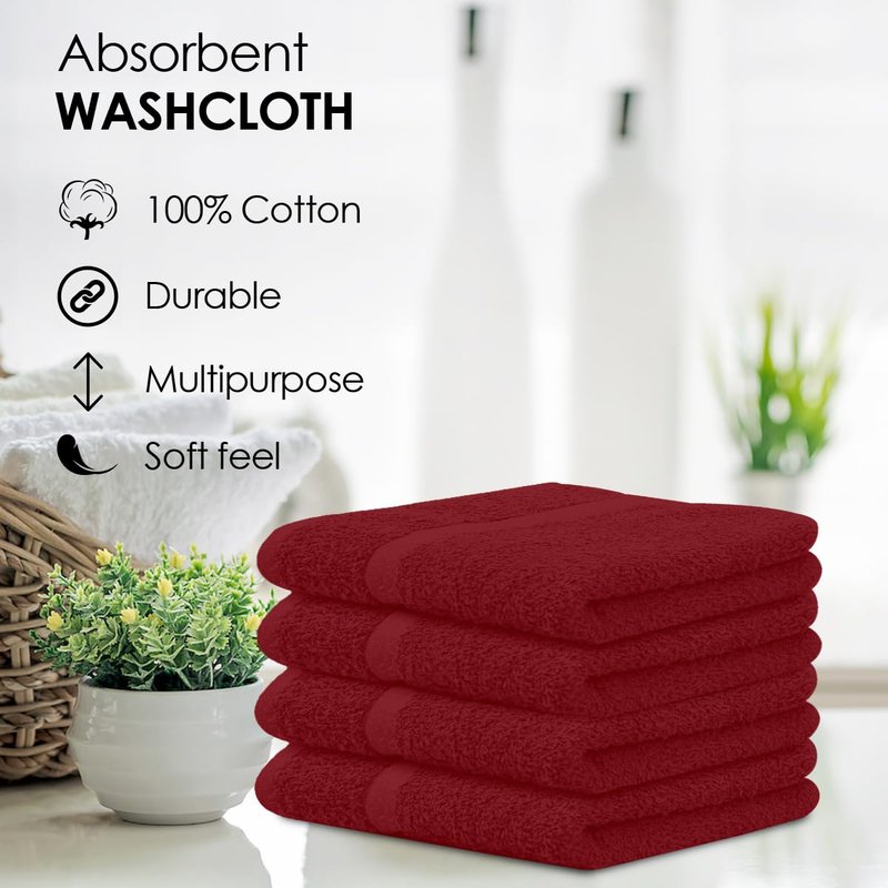 Avalon Towels Cotton Washcloths – (Pack of 48) Size 12x12 Inches, 100% Ring Spun Cotton, Soft & Absorbent Face Towels, Gym Towels, Hotel and Spa Quality, Reusable Fingertip Towels (Red)