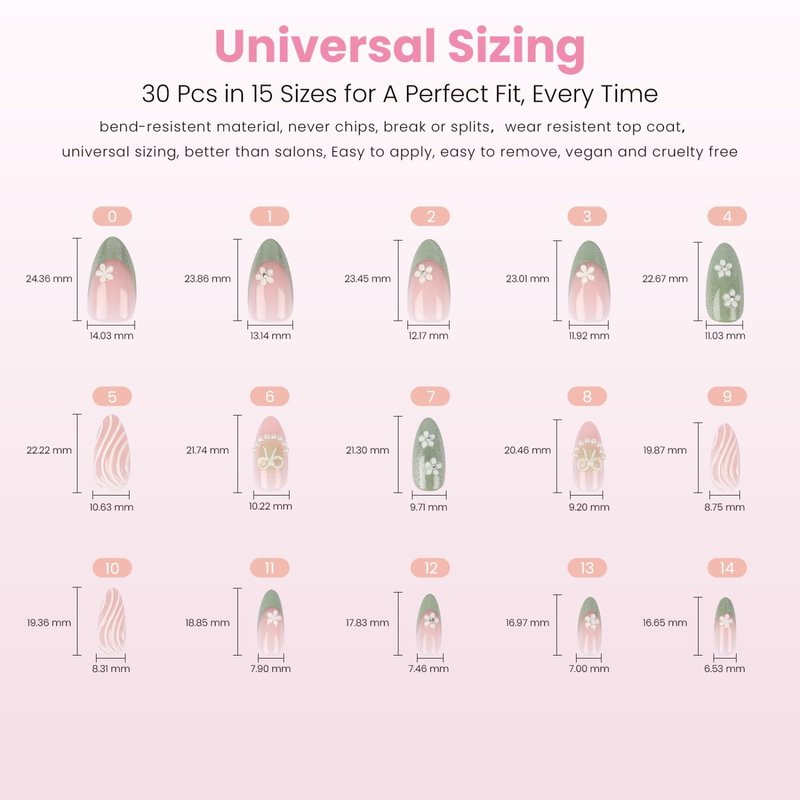 Nail Reformation Press On Nails, Garden of Pearls | Floral French Short Almond Fake Nails on Pink Green Shimmer Base in Glossy Finish, Reusable Stick On Nails in 15 Sizes - 30 Nail Kit for Women Gifts