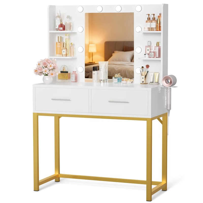 Acurax Vanity Desk with Mirror and Lights, Makeup Vanity Table with 6 Storage Shelves & 2 Drawers, 3 Color Modes, Charging Station, White & Golden