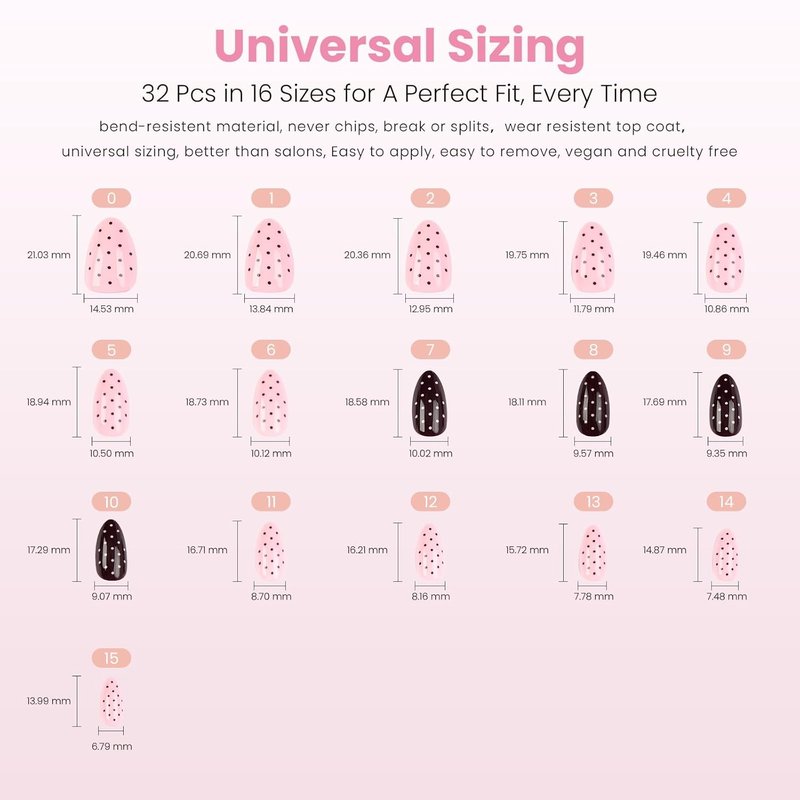 Nail Reformation Press On Nails - Double Dip Polka Dot Short Almond Fake Nails | Rich Brown & Creamy Pink, Glossy Finish, 16 Sizes - 32 Nail Kit for Women