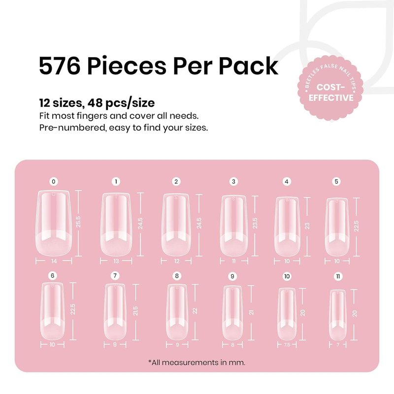 Beetles Nail Tips Medium Square 576Pcs 12 Sizes - Pre-Etched Soft Acrylic Nail Tips Half Matte False Nails Nail Art Full Cover Press Ons Nail Extensions Gift Set Home DIY Nail Salon