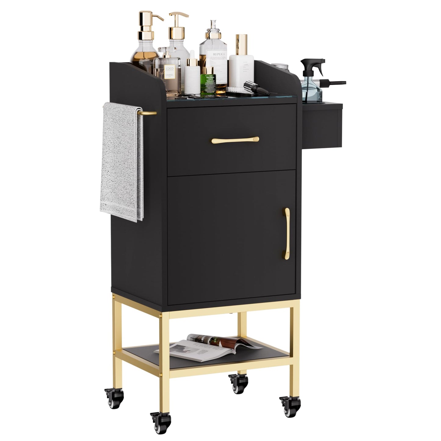 TOVRON Salon Trolley Cart, Glass Top Salon Stations for Hair Stylist Beauty Storage Cabinet Black Rolling Hair Stations with Lockable Wheels, Drawer, Cabinet