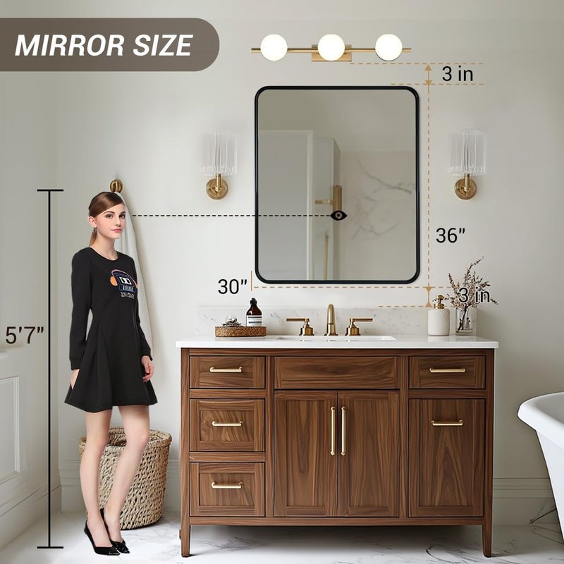 Black Bathroom Mirror - 30x36 Inch Rounded Rectangle Design | Modern Metal Frame for Vanity