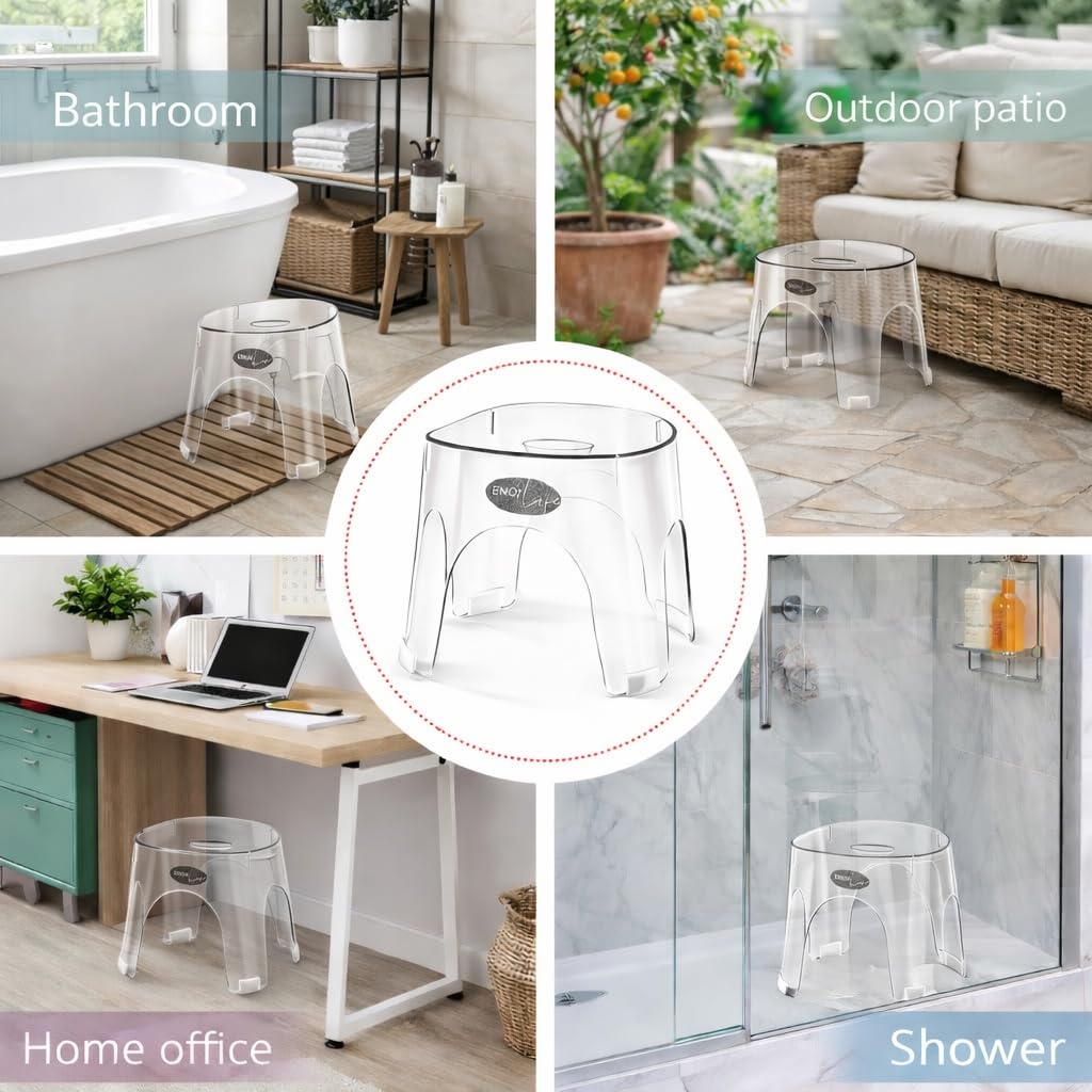 ZORAVIVE Acrylic Small Shower Stool for Inside Shower - Waterproof Bathroom Stool Clear Shower Stool for Shaving Legs, Corner Round Stool with Anti-Slip for Small Spaces, 300 lb, Tool-Free Assembly