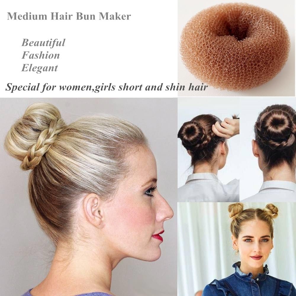 SQULIGT Pack of 2 Medium Hair Bun Maker, Hair Donut Set for Kids Girls Women, Hair Donut Bun Maker Tool for Short and Thin Hair Crown Shapers Accessories (Size M/ 3 Inch, Light Brown)