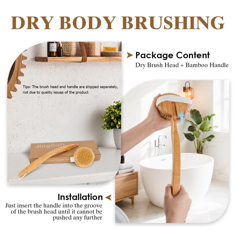 JingSoft Detachable Dry Brushing Body Brush, Natural Boar Bristle Back Scrubber for Shower for Men and Women with Long Handle for Exfoliation and Lymphatic