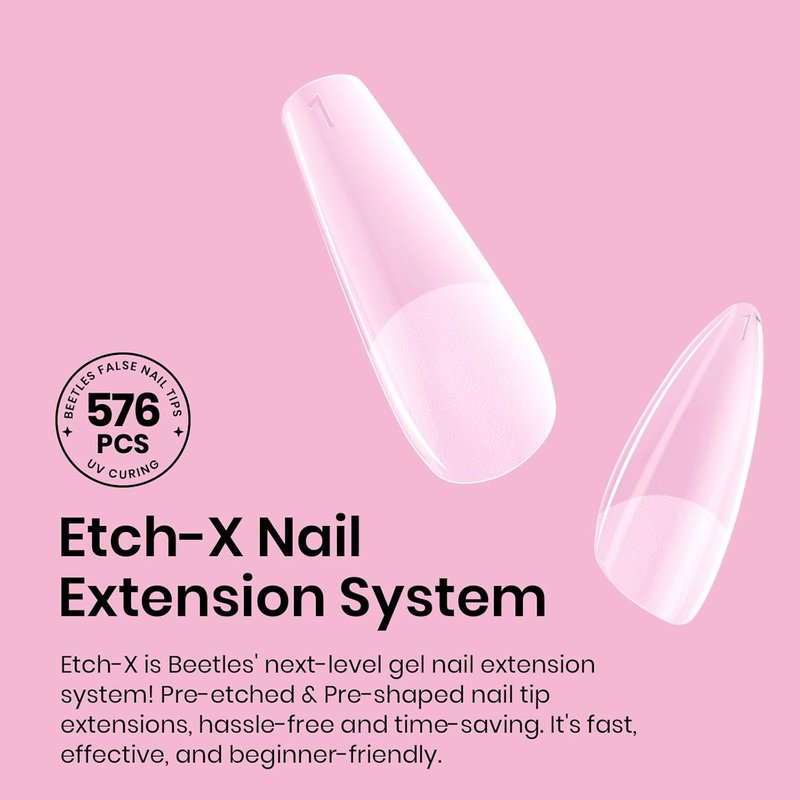 Beetles Medium Almond Nail Tips - 576pcs Pre-Etched Soft Gel | Half Matte Full Cover DIY Extensions