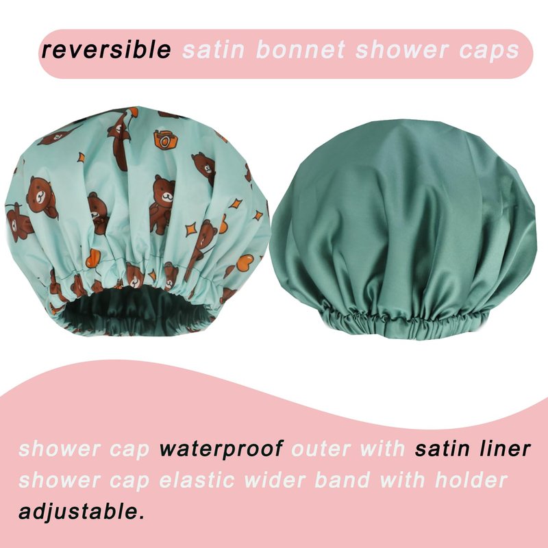 2Pcs Genergy Shower Cap Waterproof, Adjustable Shower Cap for Women Reusable, Luxury Extra Large Shower Caps, Extra Large &Double Layers &Reversible Satin Lined Bonnet(Pink+ Green flower)