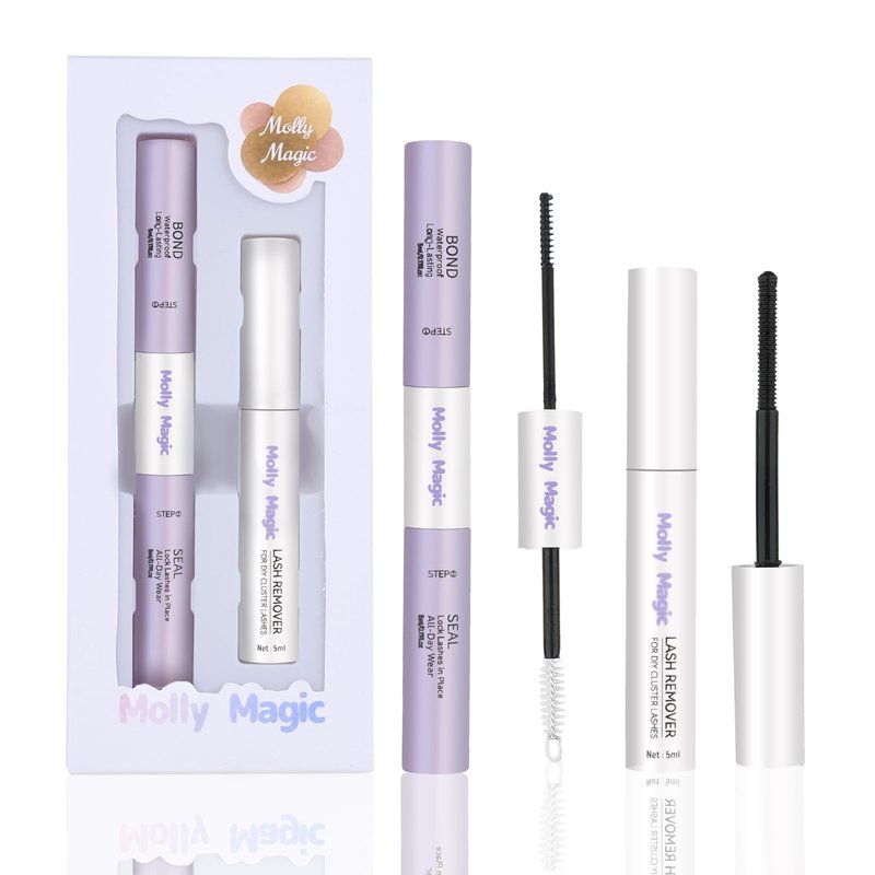 Molly Magic Lash Bond and Seal and Remover kit,Waterproof for Lash Clusters, 150H Super Hold, Long-Lasting extention and Non-Irritating Eyelash Glue for DIY at Home.