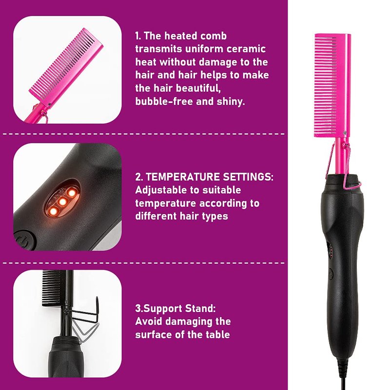AIHOPESTO Hot Comb Electric Hair Straightener, Ceramic Comb, Security Portable Curling Iron, 3 Temperature Settings, Heat Protection, 1.5m Cord, for Black Hair, African American Hair