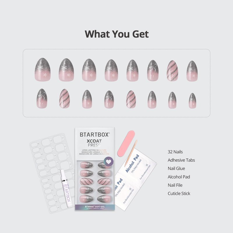 BTArtbox French Tip Press On Nails - Sparkle Bow, Lamp-Curable Short Almond Press On Nails with Glue and Adhesive Tabs for Women in 16 Sizes - 32 Soft Gel Glue On Nails Kit